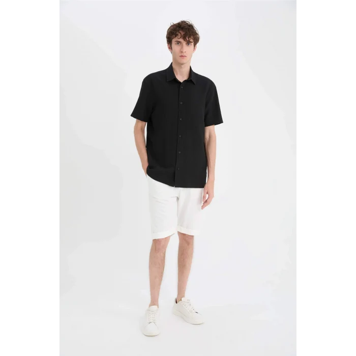 Defacto E1223 Siyah Regular Fit Polo Yaka Krinkıl Yazlık Kısa Kollu Siyah Gömlek