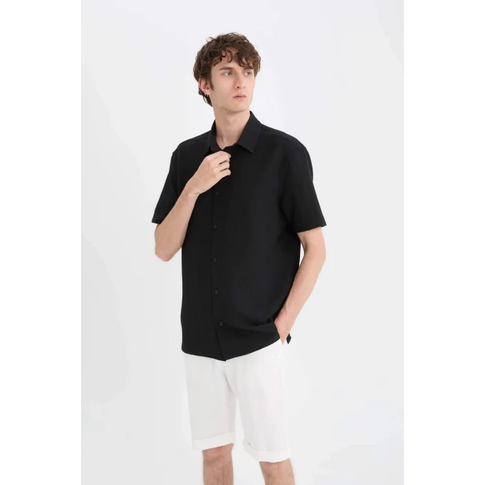 Defacto E1223 Siyah Regular Fit Polo Yaka Krinkıl Yazlık Kısa Kollu Siyah Gömlek