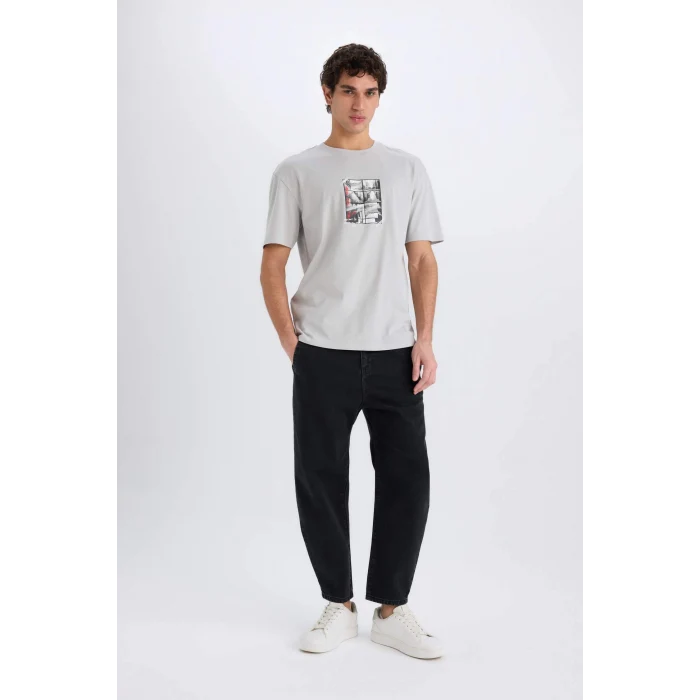 Defacto E0582 Gri %100 Pamuk Boxy Fit Bisiklet Yaka Sırt Baskılı Kısa Kollu Tişört
