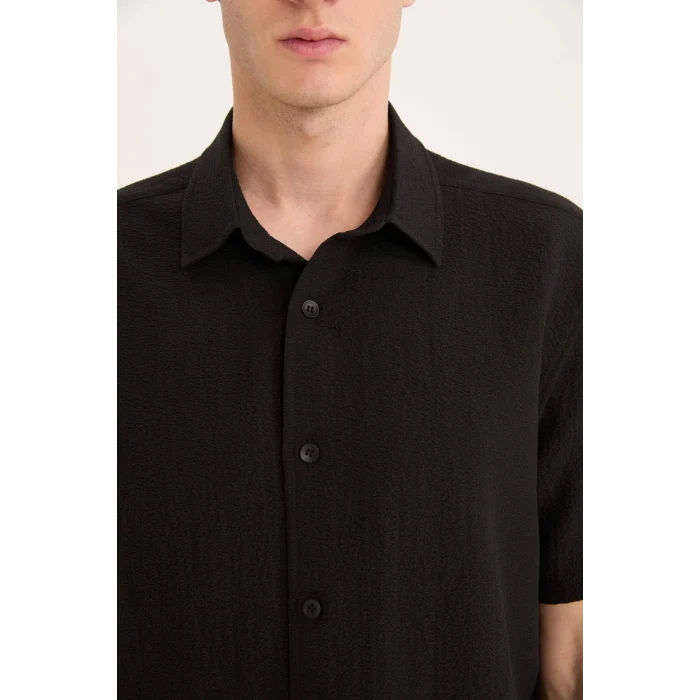 Defacto E1223 Siyah Regular Fit Polo Yaka Krinkıl Yazlık Kısa Kollu Siyah Gömlek