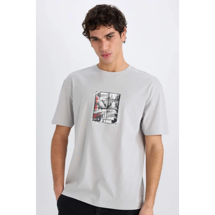 Defacto E0582 Gri %100 Pamuk Boxy Fit Bisiklet Yaka Sırt Baskılı Kısa Kollu Tişört