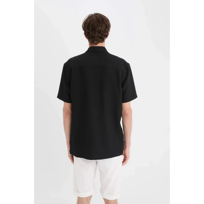 Defacto E1223 Siyah Regular Fit Polo Yaka Krinkıl Yazlık Kısa Kollu Siyah Gömlek