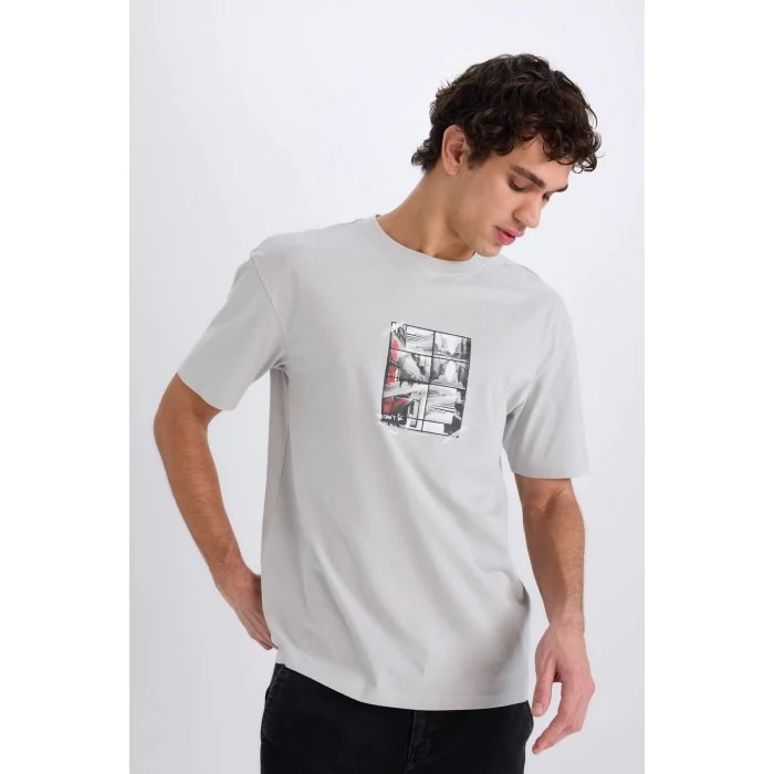 Defacto E0582 Gri %100 Pamuk Boxy Fit Bisiklet Yaka Sırt Baskılı Kısa Kollu Tişört