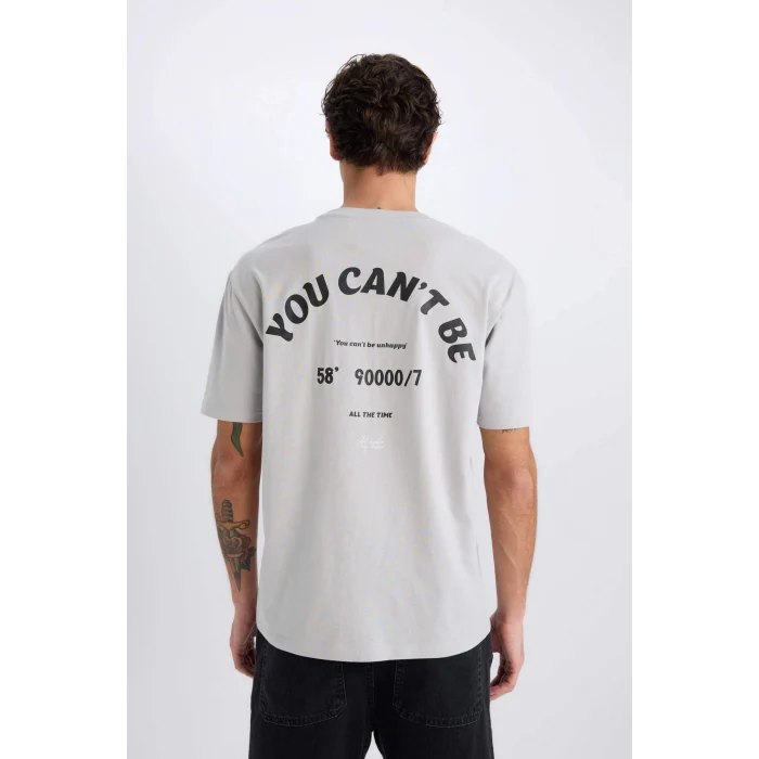 Defacto E0582 Gri %100 Pamuk Boxy Fit Bisiklet Yaka Sırt Baskılı Kısa Kollu Tişört