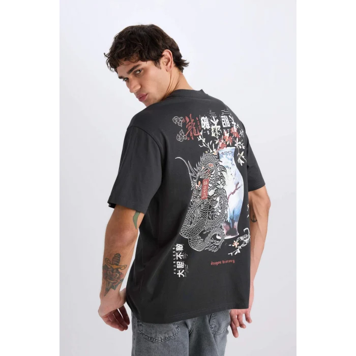 Defacto E0908 Antrasit %100 Pamuk Boxy Fit Bisiklet Yaka Sırt Baskılı Kısa Kollu Tişört