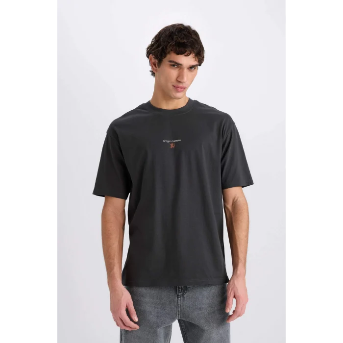 Defacto E0908 Antrasit %100 Pamuk Boxy Fit Bisiklet Yaka Sırt Baskılı Kısa Kollu Tişört