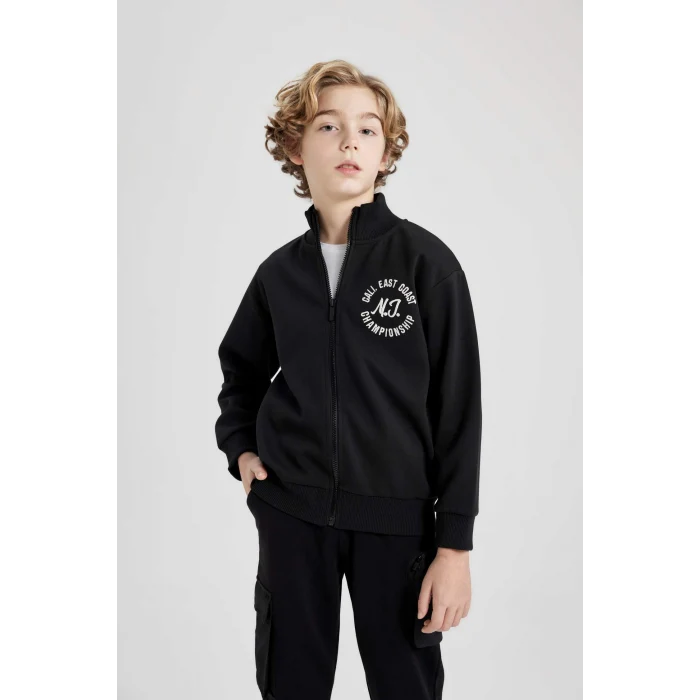 Defacto B6634 Siyah Erkek Çocuk Dik Yaka Baskılı Fermuarlı Sweatshirt