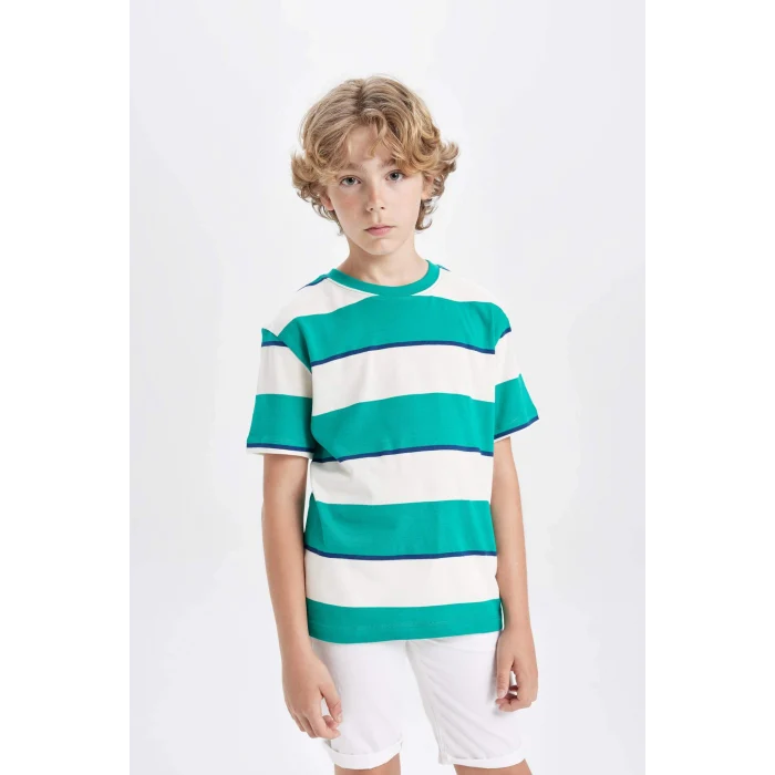 Defacto B5931 Beyaz Erkek Çocuk Bisiklet Yaka Çizgili Kısa Kollu Tişört