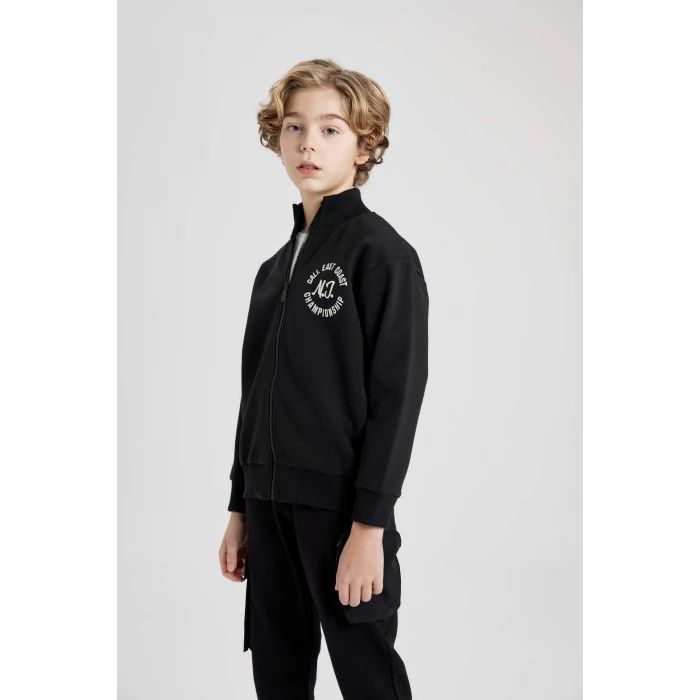 Defacto B6634 Siyah Erkek Çocuk Dik Yaka Baskılı Fermuarlı Sweatshirt