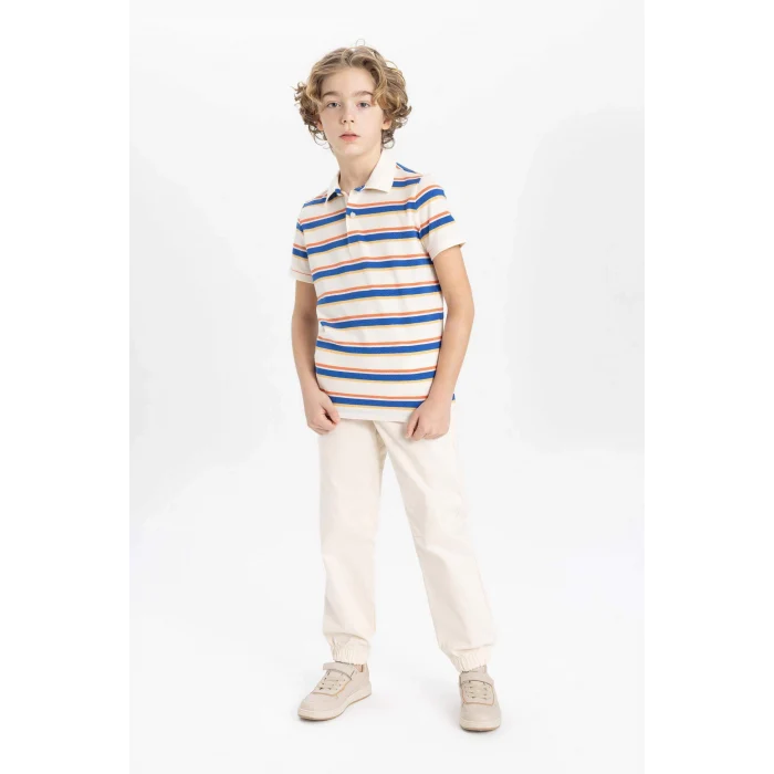 Defacto B6151 Ekru Erkek Çocuk Çizgili Pike Kısa Kollu Polo Tişört