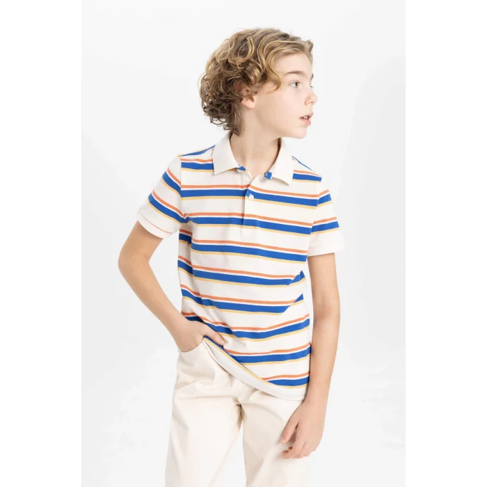 Defacto B6151 Ekru Erkek Çocuk Çizgili Pike Kısa Kollu Polo Tişört
