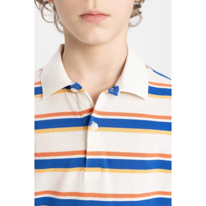 Defacto B6151 Ekru Erkek Çocuk Çizgili Pike Kısa Kollu Polo Tişört