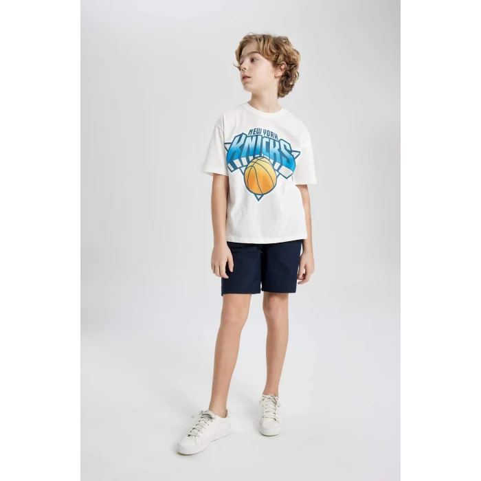 Defacto B6821 Ekru Erkek Çocuk NBA New York Knicks Oversize Geniş Kalıp Bisiklet Yaka Kısa Kollu Tişört