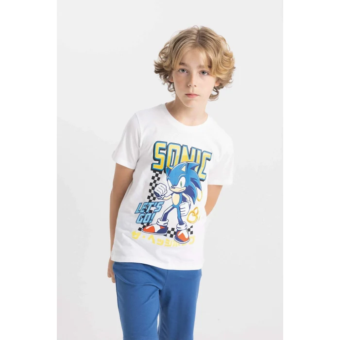 Defacto C5508 Beyaz Erkek Çocuk Sonic the Hedgehog Kısa Kollu Şortlu Pijama Takımı