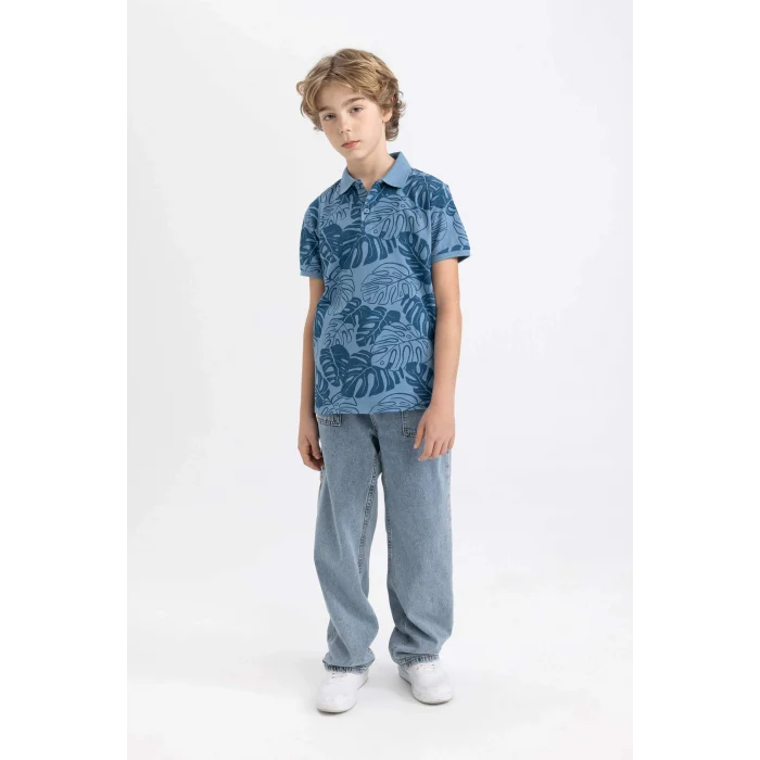 Defacto B6163 Mavi Erkek Çocuk Desenli Pike Kısa Kollu Polo Tişört