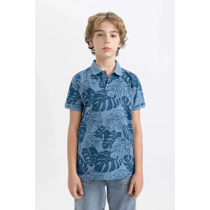 Defacto B6163 Mavi Erkek Çocuk Desenli Pike Kısa Kollu Polo Tişört