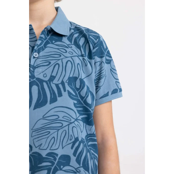 Defacto B6163 Mavi Erkek Çocuk Desenli Pike Kısa Kollu Polo Tişört
