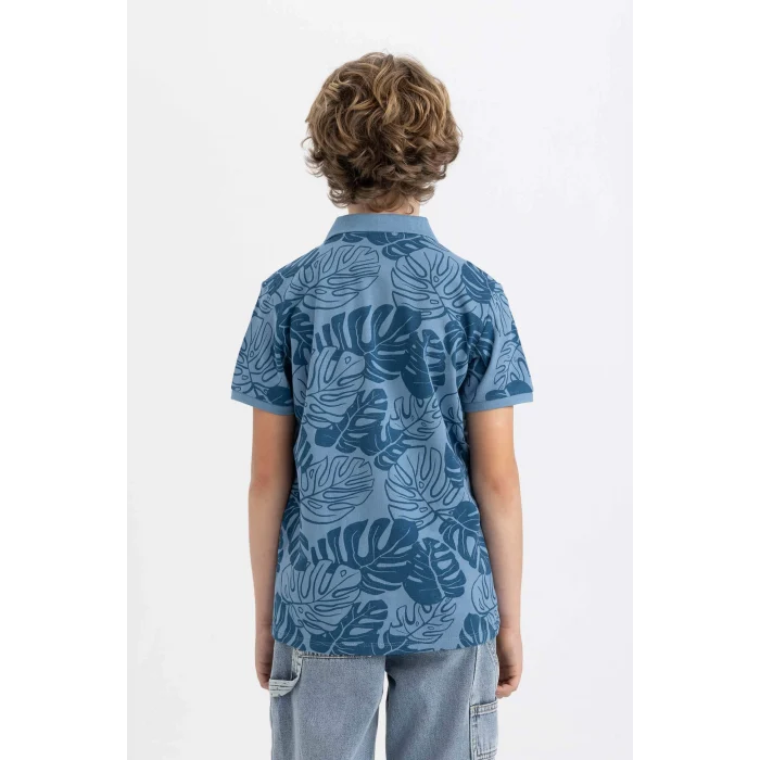 Defacto B6163 Mavi Erkek Çocuk Desenli Pike Kısa Kollu Polo Tişört