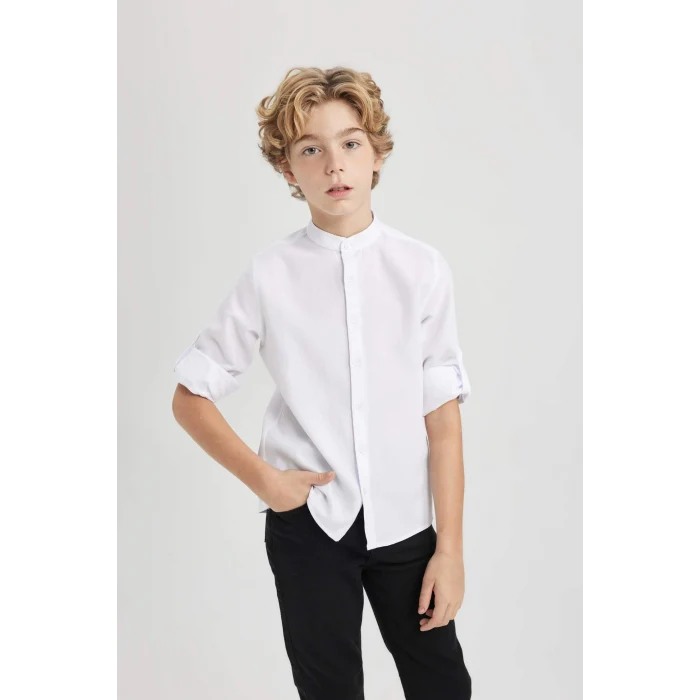 Defacto W3214 Beyaz Erkek Çocuk Dik Yaka Dokulu Basic Düz Uzun Kollu Gömlek
