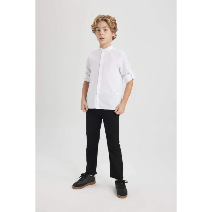 Defacto W3214 Beyaz Erkek Çocuk Dik Yaka Dokulu Basic Düz Uzun Kollu Gömlek