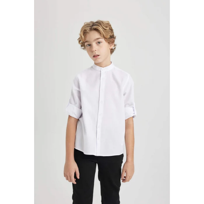 Defacto W3214 Beyaz Erkek Çocuk Dik Yaka Dokulu Basic Düz Uzun Kollu Gömlek