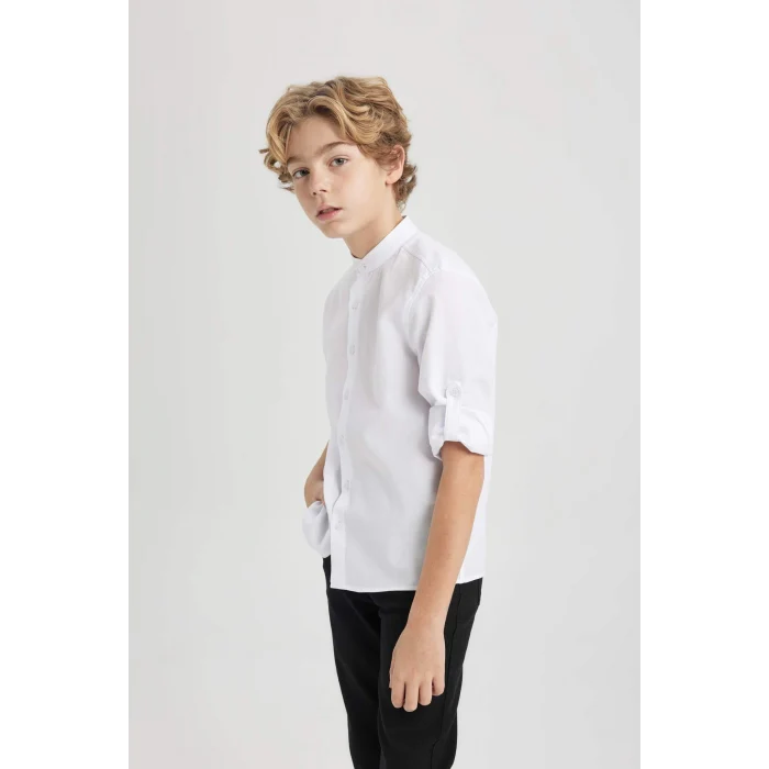 Defacto W3214 Beyaz Erkek Çocuk Dik Yaka Dokulu Basic Düz Uzun Kollu Gömlek