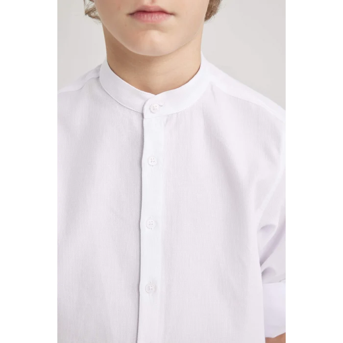 Defacto W3214 Beyaz Erkek Çocuk Dik Yaka Dokulu Basic Düz Uzun Kollu Gömlek