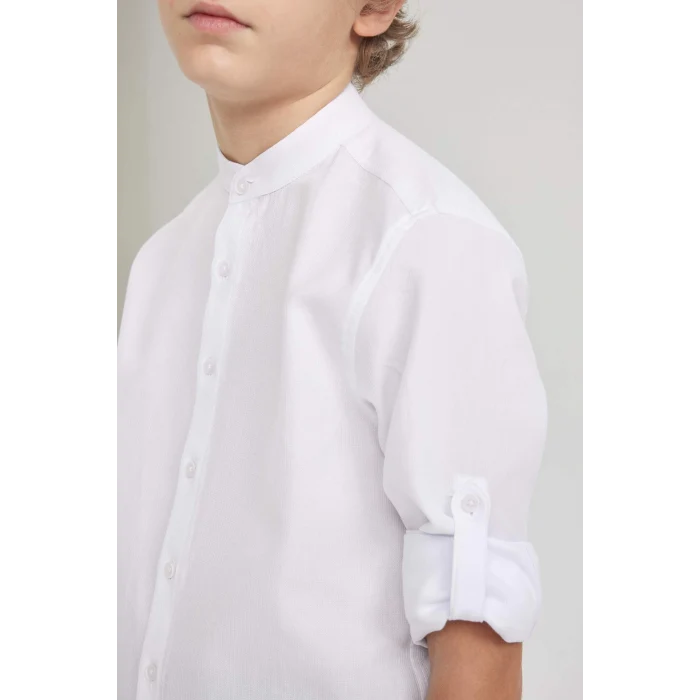 Defacto W3214 Beyaz Erkek Çocuk Dik Yaka Dokulu Basic Düz Uzun Kollu Gömlek