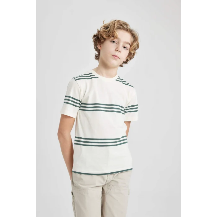 Defacto B5932 Ekru Erkek Çocuk Bisiklet Yaka Çizgili Kısa Kollu Tişört