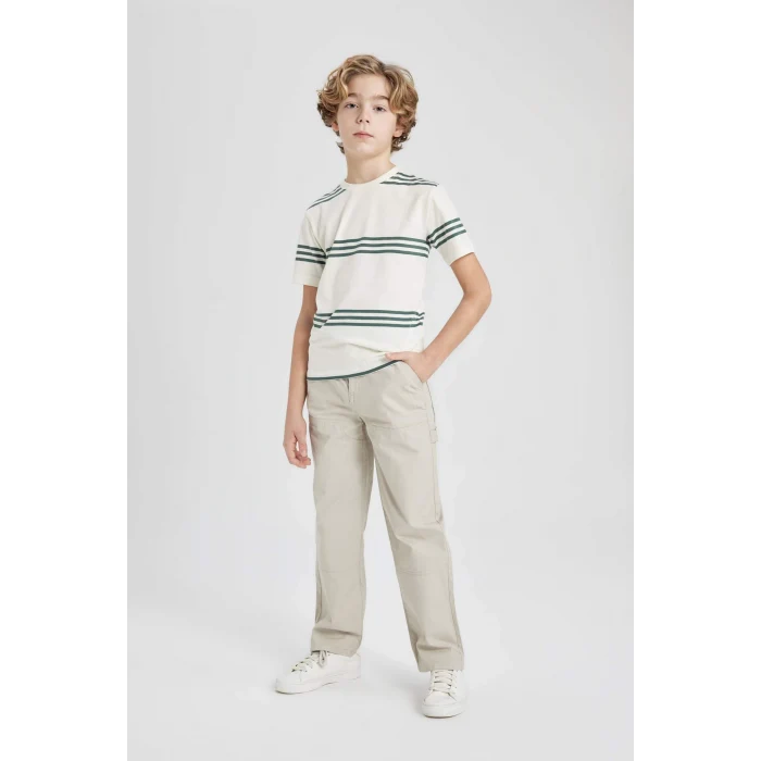 Defacto B5932 Ekru Erkek Çocuk Bisiklet Yaka Çizgili Kısa Kollu Tişört