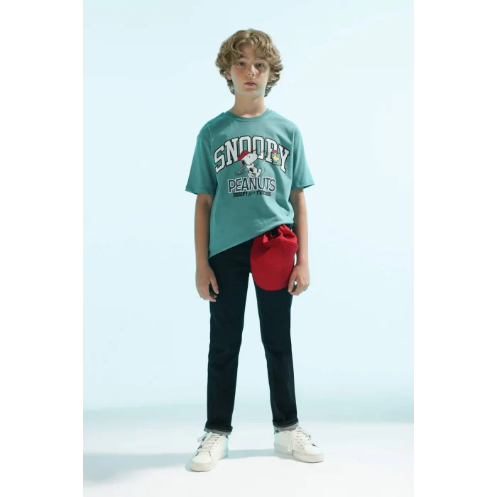 Defacto C0514 Yeşil Erkek Çocuk Snoopy Bisiklet Yaka Kısa Kollu Tişört