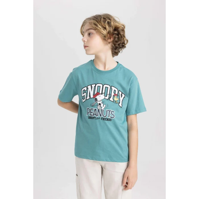 Defacto C0514 Yeşil Erkek Çocuk Snoopy Bisiklet Yaka Kısa Kollu Tişört