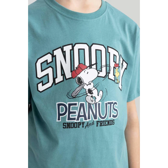 Defacto C0514 Yeşil Erkek Çocuk Snoopy Bisiklet Yaka Kısa Kollu Tişört