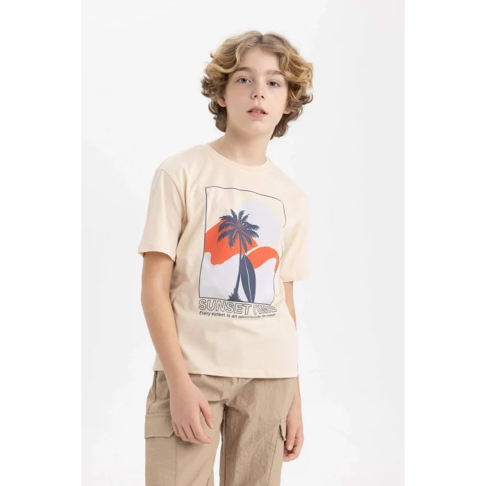 Defacto C1934 Bej Erkek Çocuk Bisiklet Yaka Baskılı Kısa Kollu Tişört