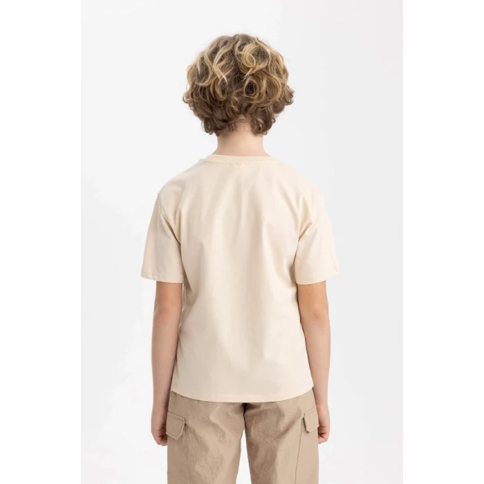 Defacto C1934 Bej Erkek Çocuk Bisiklet Yaka Baskılı Kısa Kollu Tişört
