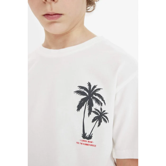 Defacto C1935 Ekru Erkek Çocuk Bisiklet Yaka Sırt Baskılı Kısa Kollu Tişört