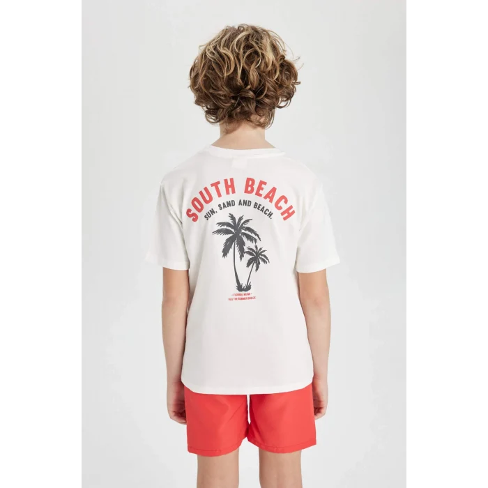 Defacto C1935 Ekru Erkek Çocuk Bisiklet Yaka Sırt Baskılı Kısa Kollu Tişört