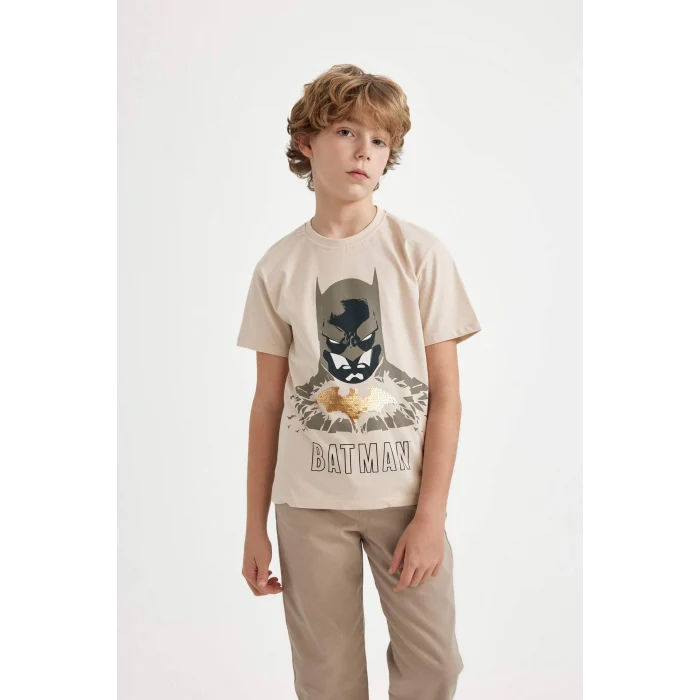 Defacto C1431 Bej Erkek Çocuk Batman Bisiklet Yaka Kısa Kollu Tişört