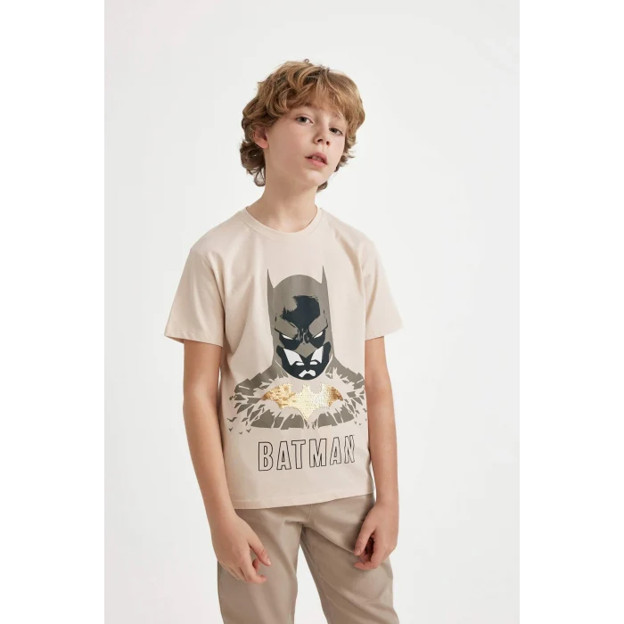 Defacto C1431 Bej Erkek Çocuk Batman Bisiklet Yaka Kısa Kollu Tişört