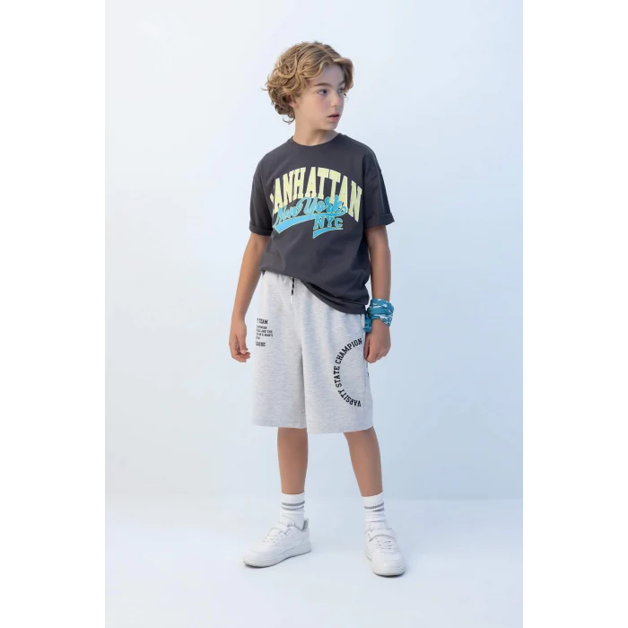 Defacto C3901 Antrasit Erkek Çocuk Oversize Geniş Kalıp Bisiklet Yaka Baskılı Kısa Kollu Tişört