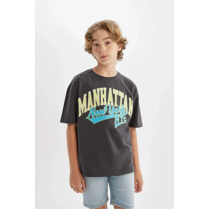 Defacto C3901 Antrasit Erkek Çocuk Oversize Geniş Kalıp Bisiklet Yaka Baskılı Kısa Kollu Tişört