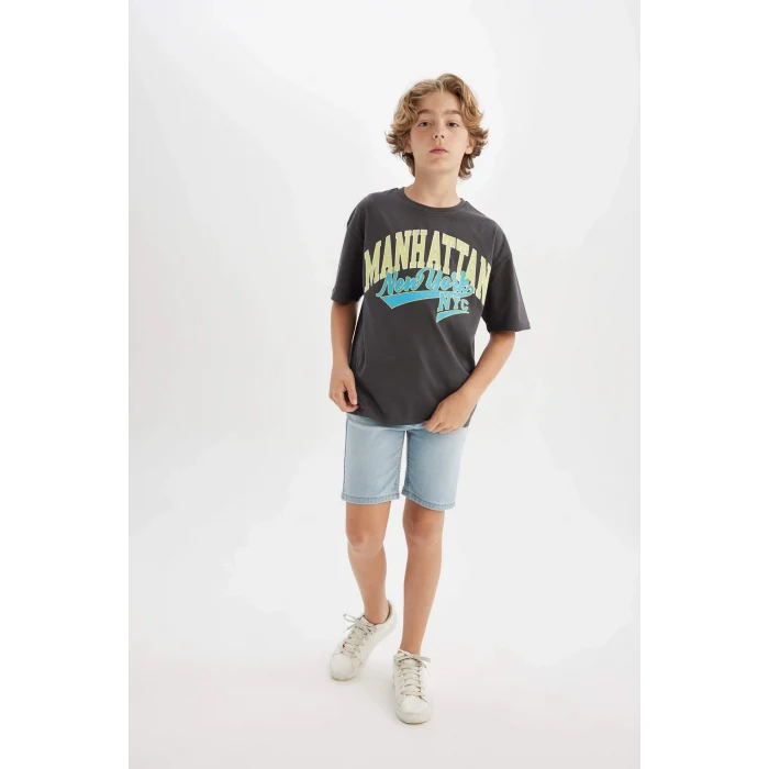 Defacto C3901 Antrasit Erkek Çocuk Oversize Geniş Kalıp Bisiklet Yaka Baskılı Kısa Kollu Tişört