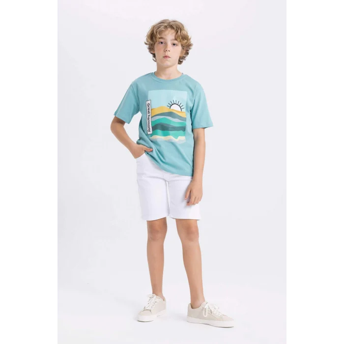 Defacto C3303 Yeşil Erkek Çocuk Bisiklet Yaka Baskılı Kısa Kollu Tişört