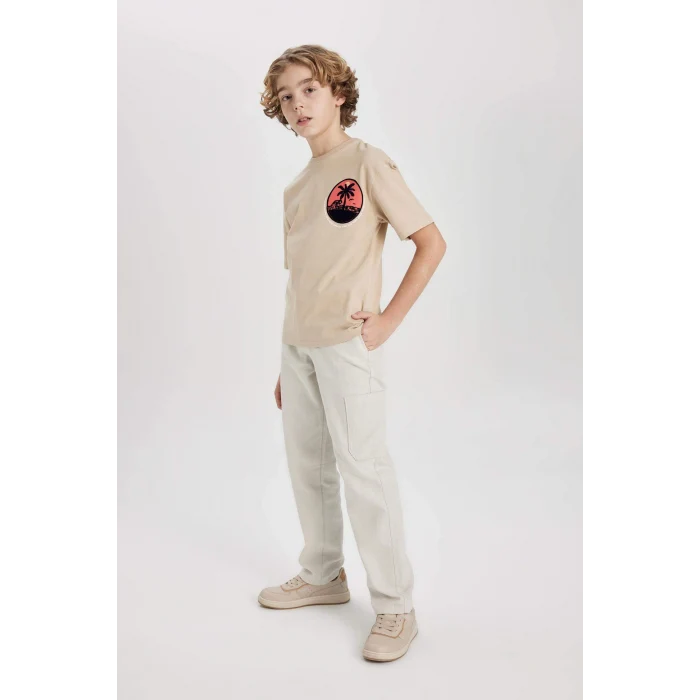 Defacto B8892 Bej Erkek Çocuk Oversize Geniş Kalıp Bisiklet Yaka Baskılı Kısa Kollu Tişört