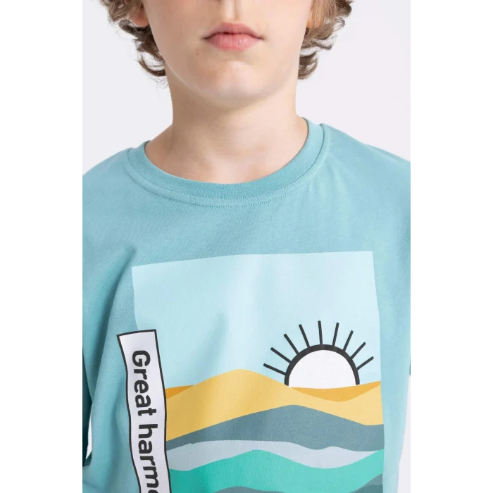 Defacto C3303 Yeşil Erkek Çocuk Bisiklet Yaka Baskılı Kısa Kollu Tişört