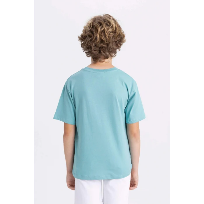 Defacto C3303 Yeşil Erkek Çocuk Bisiklet Yaka Baskılı Kısa Kollu Tişört