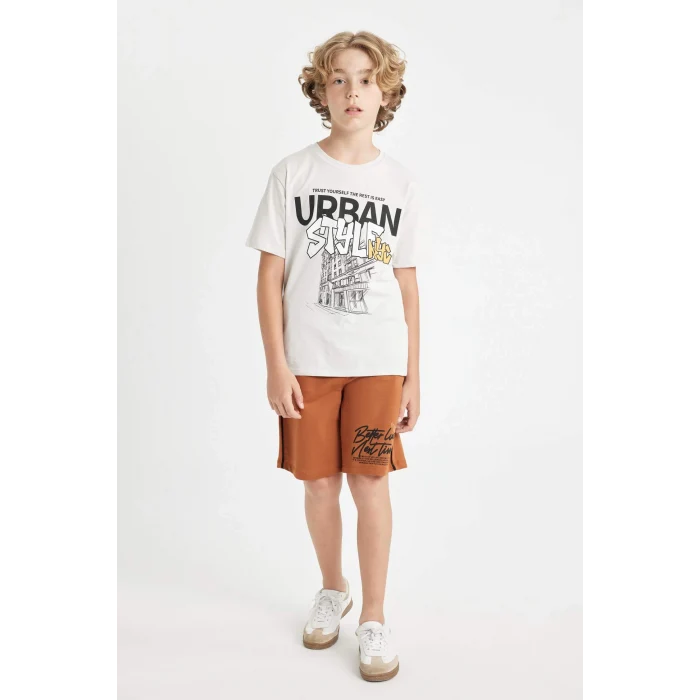 Defacto C4651 Gri Erkek Çocuk Bisiklet Yaka Baskılı Kısa Kollu Tişört