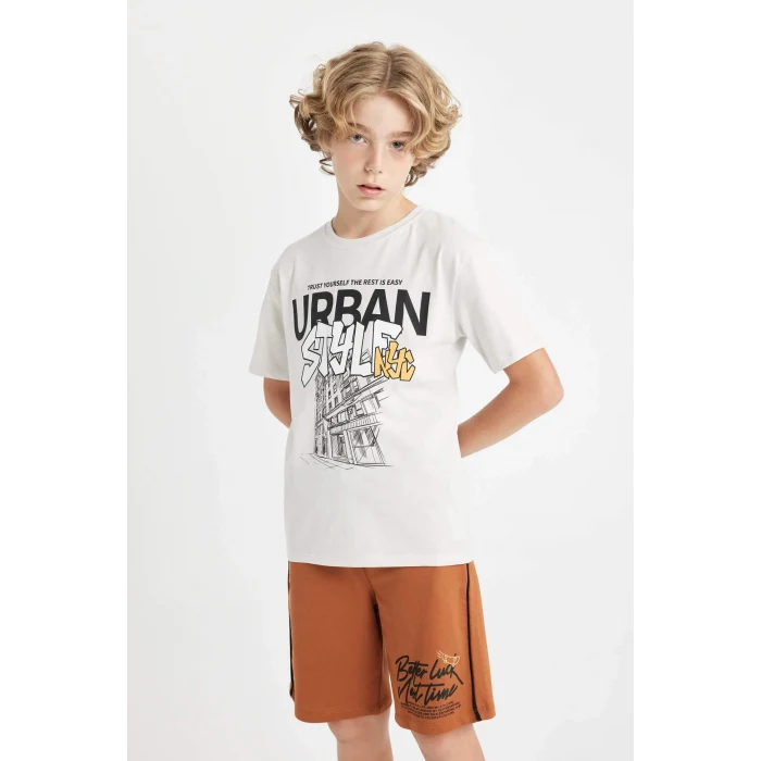 Defacto C4651 Gri Erkek Çocuk Bisiklet Yaka Baskılı Kısa Kollu Tişört