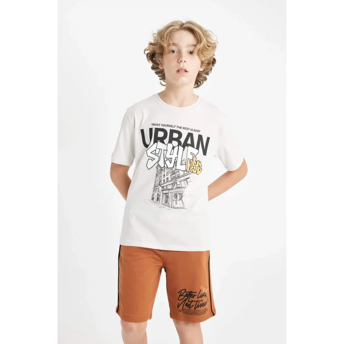 Defacto C4651 Gri Erkek Çocuk Bisiklet Yaka Baskılı Kısa Kollu Tişört