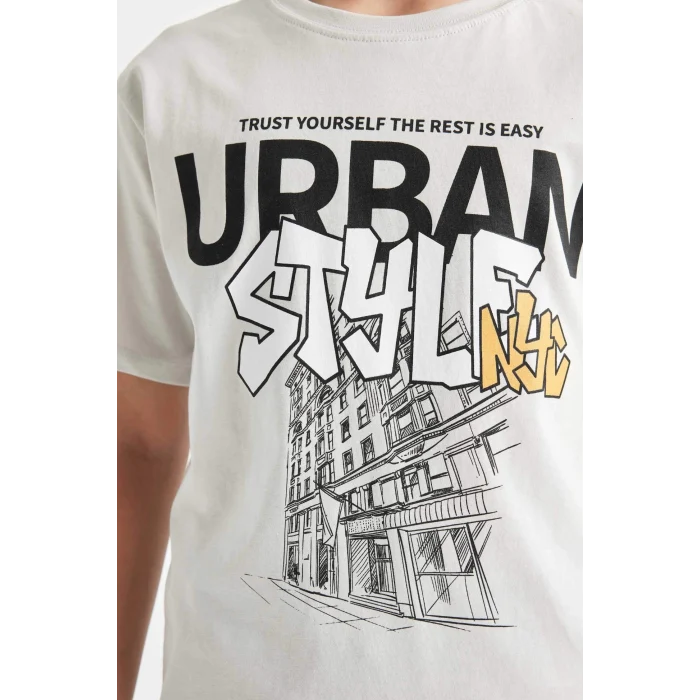 Defacto C4651 Gri Erkek Çocuk Bisiklet Yaka Baskılı Kısa Kollu Tişört